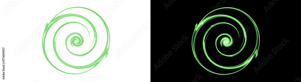 Fototapeta premium Two green spirals with glowing edges on a black background, featuring a hypnotic swirling pattern.