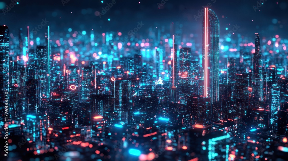 Fototapeta premium Futuristic cityscape at night, glowing with vibrant neon lights, digital particles