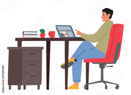 Man office worker watching on laptop view from home camera while cats playing cartoon scene