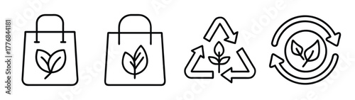 Eco friendly reusable shopping bags with leaf logo and recycle symbol for sustainable lifestyle