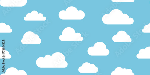 Seamless blue sky clouds pattern vector. Cute white cloud background illustration. Flat cartoon sky seamless texture design. Minimal baby room clouds wallpaper vector
