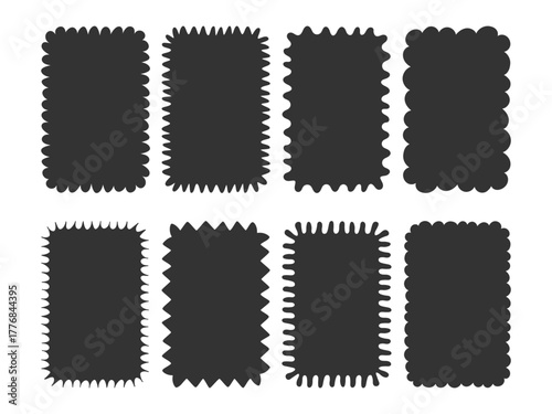 Black silhouette retro blank frame collection. Wavy squiggly rectangle label set. Minimal abstract rectangle templates. Modern hand drawn texture rectangular shapes