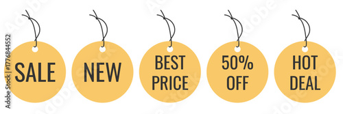 Yellow price tag set. Hanging discount label. Minimal promo tags design. Best offer elements illustration. Sale badge flat vector. 