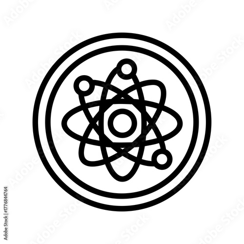 Simple minimalist atom icon representing scientific discovery, atomic structure, and molecular research, perfect for educational or technological presentations