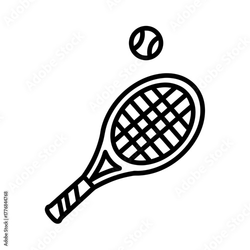 A simple line drawing of a tennis racket and ball, perfect for sports-themed designs and illustrating game concepts with a clean, minimalist aesthetic