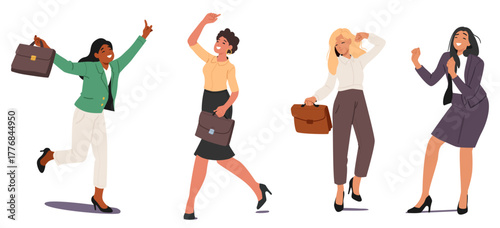 Elegant businesswomen cartoon characters dancing with unexpected joy and enthusiasm isolated set