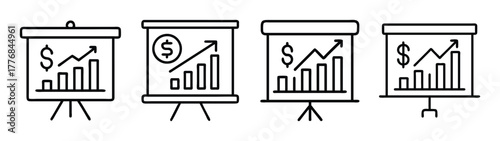 Business presentation charts showing growth and profit increase on flipchart stands outline