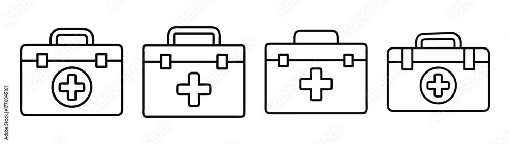Obraz premium First aid kit vector illustration medical emergency box healthcare safety equipment supplies icon set