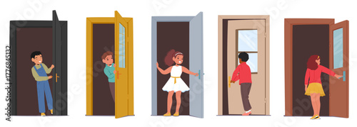 Little boys or girls children cartoon characters closing or opening door, peeking out of doorway