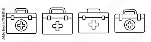 First aid kit vector illustration medical emergency box healthcare safety equipment supplies icon set
