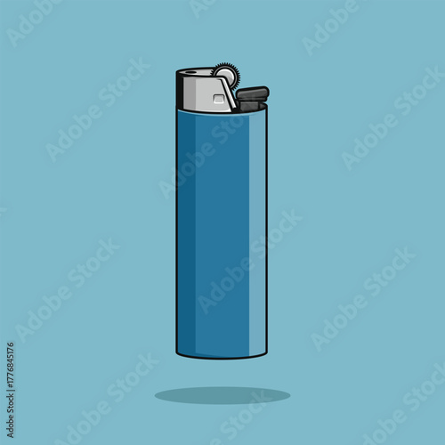 Isolated vector illustration of a set of plastic and metal lighters and cigarettes, showing a closeup of the blue gas flame and red ignite button on a blue background