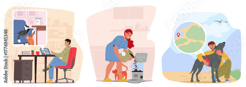 People pet owners using modern smart devices for dog and cat care, remote control and walking