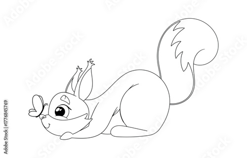 Black-and-white funny squirrel playing butterfly