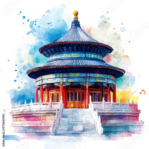 Temple Of Heaven, watercolor drawing vector, isolated on a white background.
