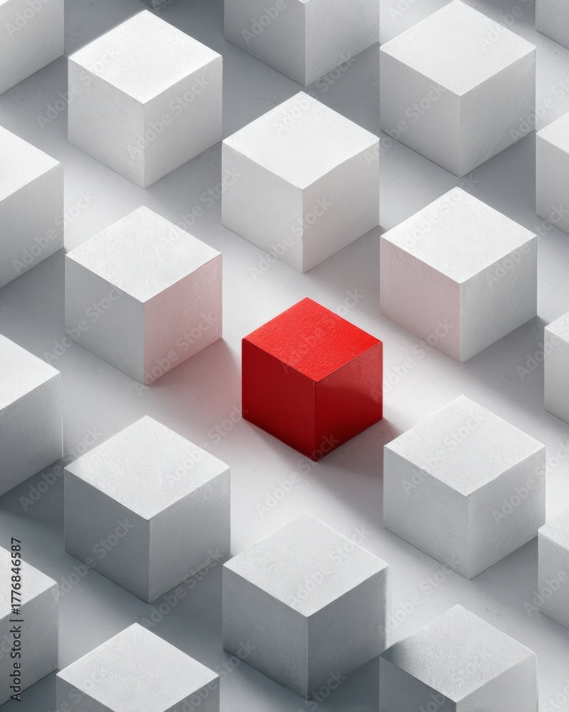 Obraz premium Single red cube among white cubes, representing individuality, courage, and creative difference.