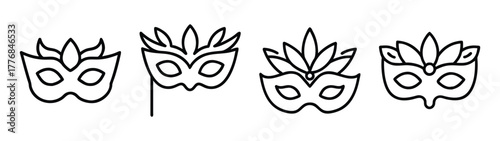 Collection of festive masquerade masks with feathers for costume party and carnival celebration