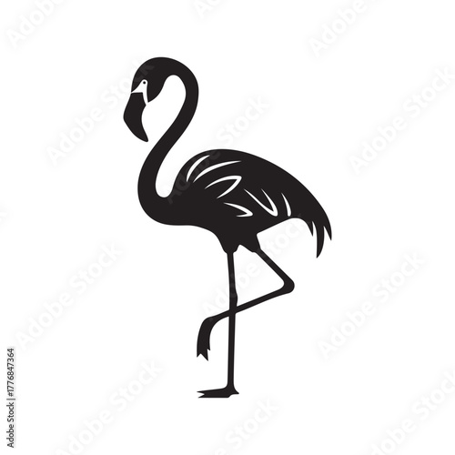 Elegant flamingo silhouette standing on one leg, tropical bird illustration isolated on white background, perfect for wildlife, nature, zoo, and animal-themed design projects.