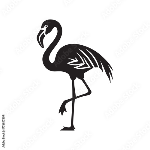 Elegant flamingo silhouette standing on one leg, tropical bird illustration isolated on white background, perfect for wildlife, nature, zoo, and animal-themed design projects.