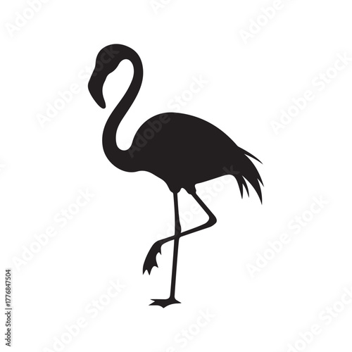 Elegant flamingo silhouette standing on one leg, tropical bird illustration isolated on white background, perfect for wildlife, nature, zoo, and animal-themed design projects.