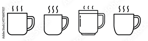 Vector illustration of hot coffee mugs tea cups with steam drawing line art design graphic set
