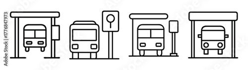 Vector illustration of bus stops with bus public transportation outline style design asset