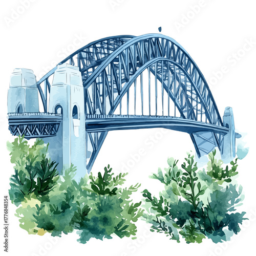 Sydney Harbour Bridge, watercolor clipart vector, isolated on a white background.