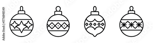Christmas ornaments vector design, holiday decoration clip art, xmas tree balls line art drawing set