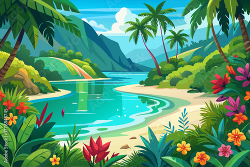 A secluded tropical bay with calm turquoise water and a soft sandy beach surrounded by lush green foliage, vibrant exotic flowers, a tranquil paradise beach landscape, and serene natural scenery.