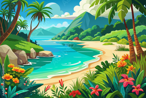 A secluded tropical bay with calm turquoise water and a soft sandy beach surrounded by lush green foliage, vibrant exotic flowers, a tranquil paradise beach landscape, and serene natural scenery.