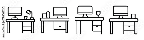 Illustration of computer desks with drawers and accessories furniture home office setup decor
