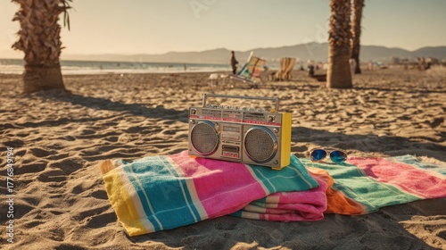 Colorful towels lay on warm sand beside a vintage boombox as the sun sets over the beach.