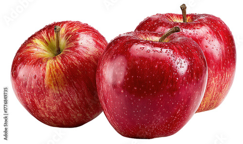 Three glossy red apples with stripes
