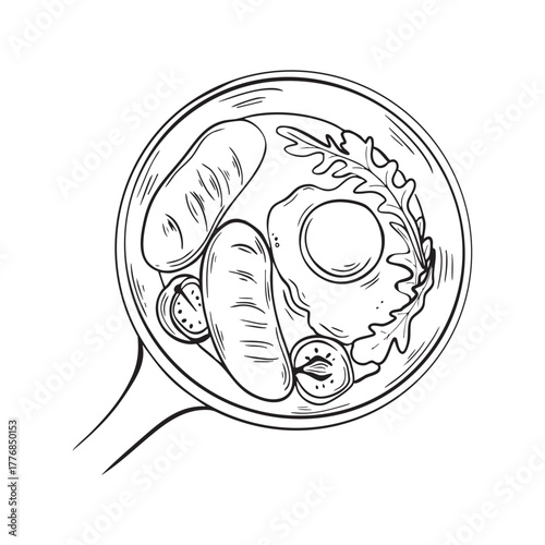 English breakfast with fried egg, sausages, tomato slices, and arugula in a frying pan. Hand-drawn line art illustration in black and white. Perfect for cafe menus, restaurant branding