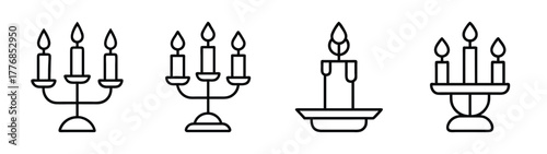 Candle vector set decorative candle holders with burning flames outline illustration for design element