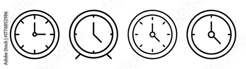 Clocks showing different times black and white outline vector illustration time concept design
