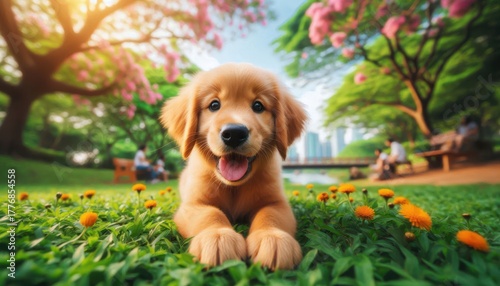 A playful golden retriever puppy enjoys the sunny afternoon in a vibrant park. Colorful flowers surround the happy dog as people relax nearby under blooming trees.