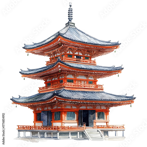 watercolor of Senso-ji Temple, vector, isolated on a white background.