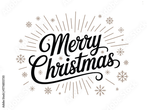 Elegant script lettering announces Merry Christmas with surrounding festive snowflakes and radiating lines on a white background.