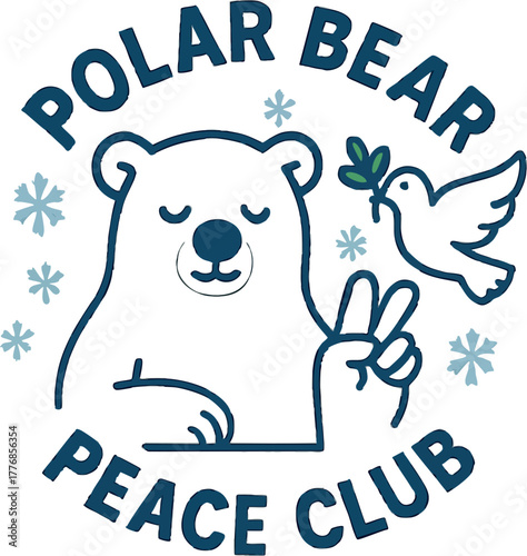 Polar bear peace club logo with dove and snowflakes simple line art design for winter and nature themes