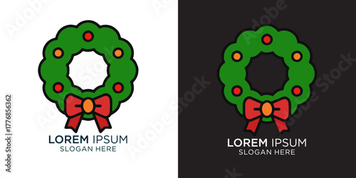 Festive Christmas wreath with red bow and baubles, a welcoming holiday symbol for seasonal decorations and greeting cards