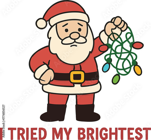 Santa Claus tangled in colorful Christmas lights humorous vector illustration for holiday festive decoration and winter celebration design