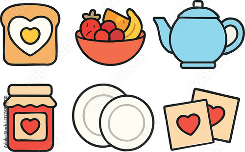 Breakfast food icons including toast with heart, fruit bowl, teapot, jam jar, plates, and love notes vector illustration collection