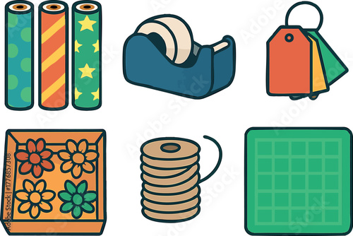 Sewing and crafting supplies with patterned fabric rolls, tape dispenser, colored tags, spools, and cutting mat vector illustration