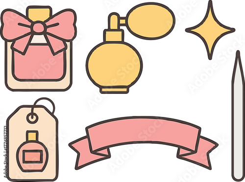 Perfume bottle with pink bow vintage atomizer ribbon banner and tag vector set for beauty design elements