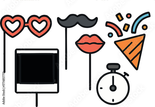 Party props with heart glasses mustache lips and confetti popper for festive celebrations and fun events vector illustration