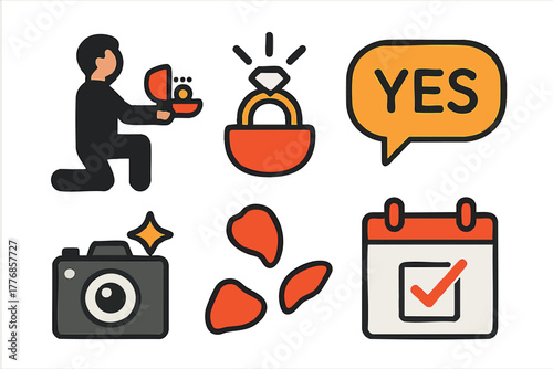 Engagement proposal vector icons with ring box camera petals calendar and yes speech bubble in simple style