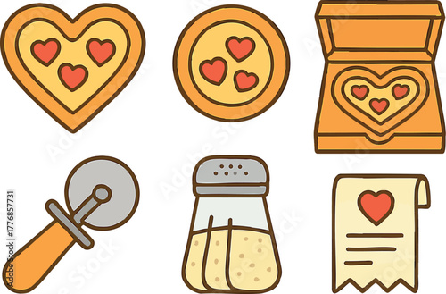 Heart shaped pizza cutter and love themed pizza slice box with salt shaker and receipt vector illustration for romantic food design