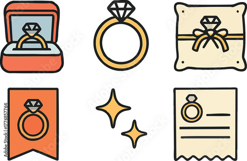 Engagement ring icons set with diamond jewelry box sparkle and certificate design elements vector illustration