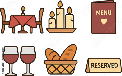 Romantic restaurant dinner setting with candles wine bread basket and reserved sign vector illustration