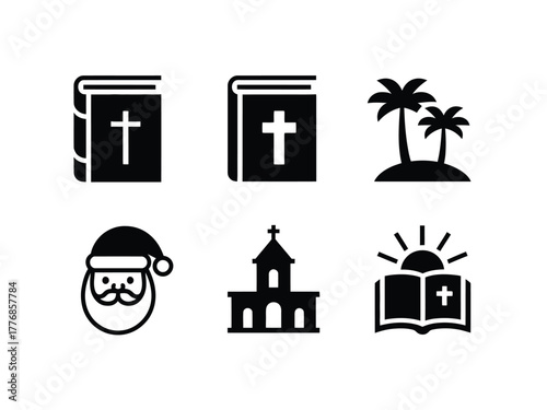 A collection of icons representing various cultural and religious themes, including Bibles, a tropical island, Santa Claus, a church, and an open book with a cross.